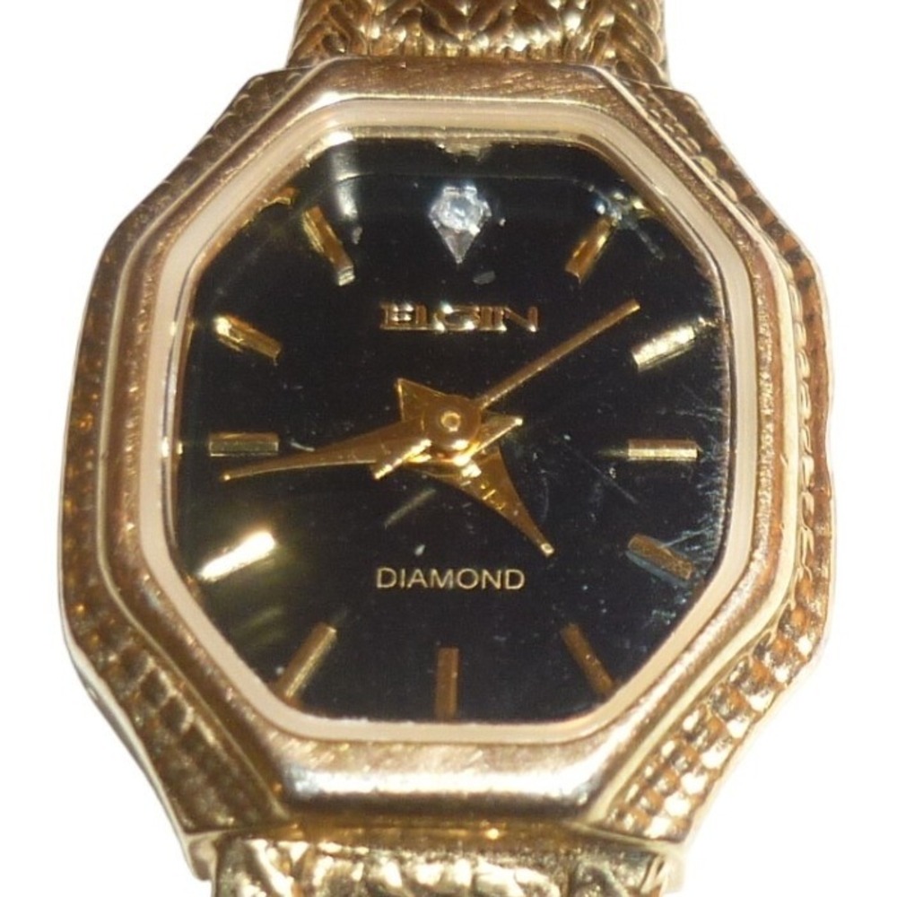 Elgin EG042 Womens Gold Tone‎ Diamond Accent Octagonal Face Mesh Band Watch